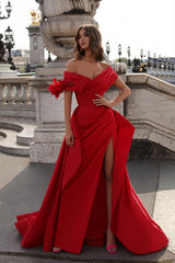 Dreamyannie Red Prom Dress A Line Off The Shoulder Formal Dress With Slit