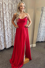Dreamyannie Red Prom Dress A Line Satin Sweetheart Formal Dress With Slit