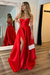 Dreamyannie Red Prom Dress A-Line Satin Sweetheart Long Formal Dress With Slit
