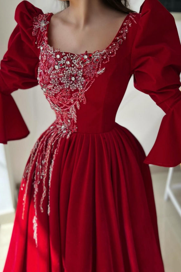 Dreamyannie Red Prom Dress A Line Square Neck Lace Formal Dress With Sleeves