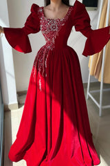 Dreamyannie Red Prom Dress A Line Square Neck Lace Formal Dress With Sleeves
