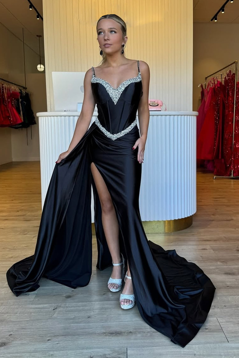 Dreamyannie Red Prom Dress Corset Beaded Long Formal Dress With Slit