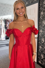 Dreamyannie Red Prom Dress Floral A-Line Corset Long Formal Dress With Slit