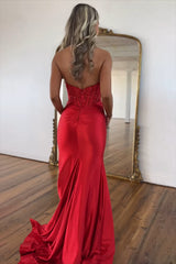 Dreamyannie Red Prom Dress Halter Lace Corset Formal Dress With Slit