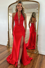 Dreamyannie Red Prom Dress Halter Lace Corset Formal Dress With Slit