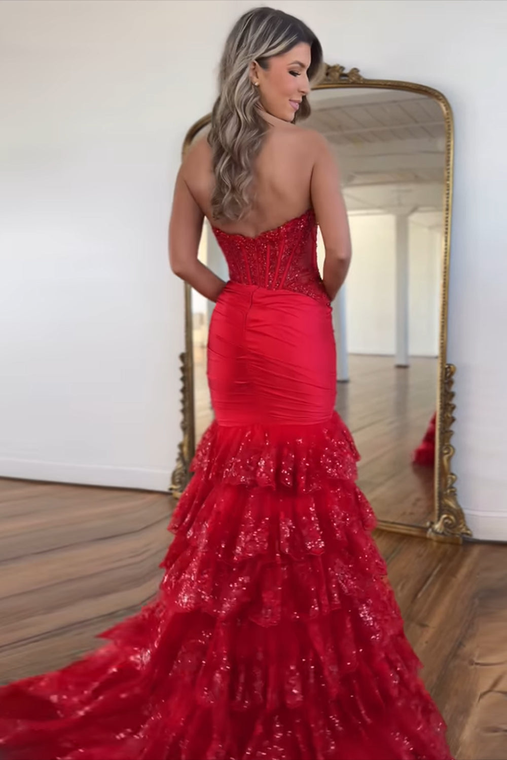 Dreamyannie Red Prom Dress Lace Ruffled Formal Dress With Slit