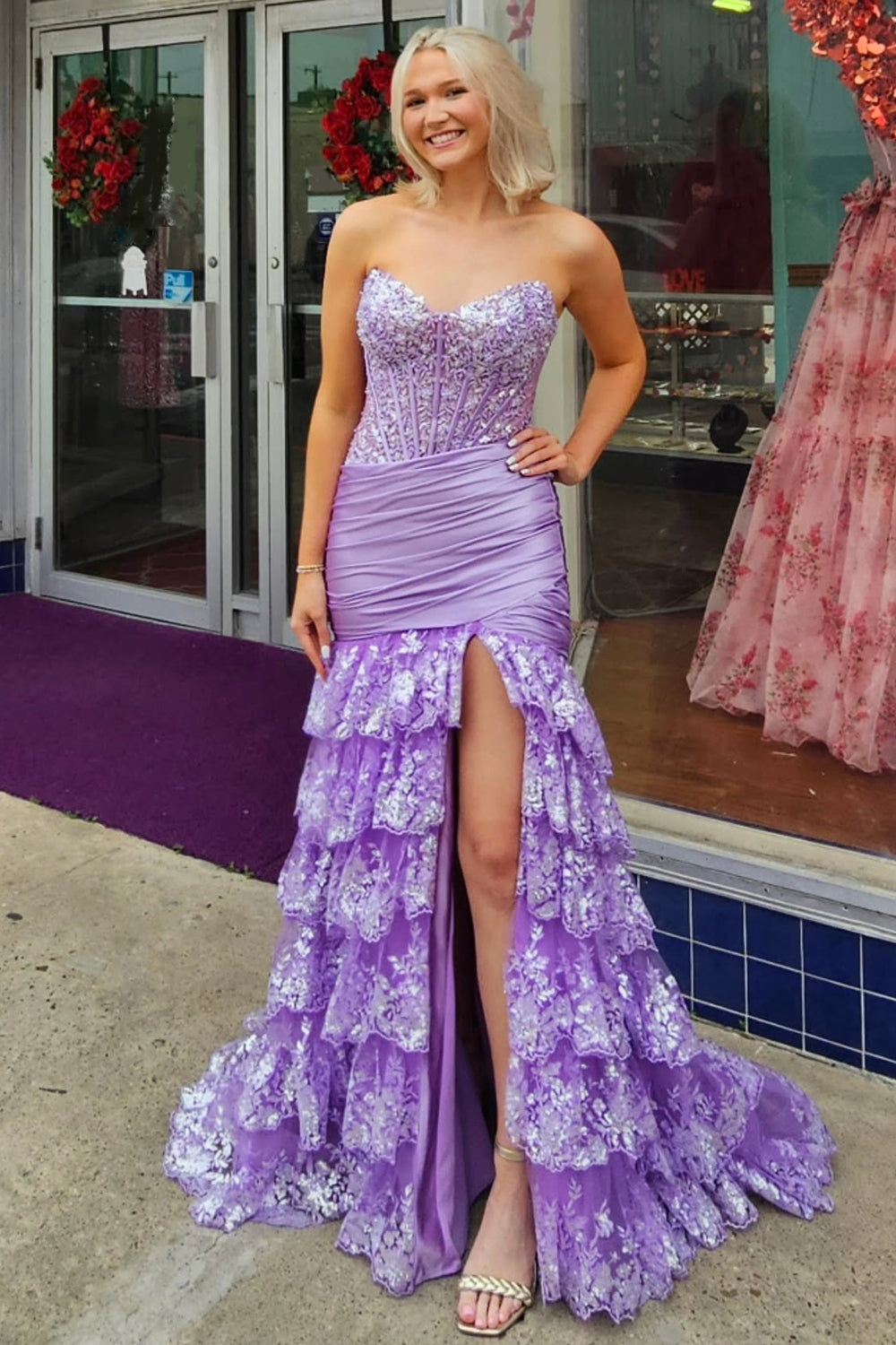 Dreamyannie Red Prom Dress Lace Ruffled Formal Dress With Slit