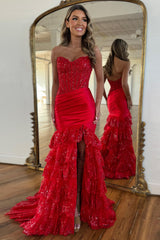 Dreamyannie Red Prom Dress Lace Ruffled Formal Dress With Slit