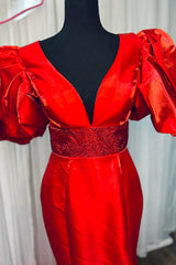 Dreamyannie Red Prom Dress Mermaid Beaded V-Neck Long Formal Dress With Puff Sleeves