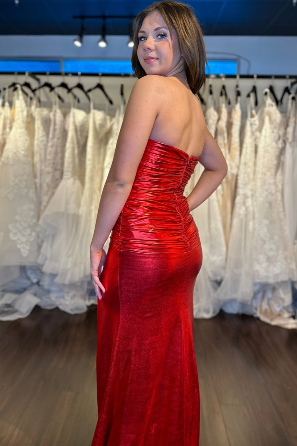 Dreamyannie Red Prom Dress Mermaid Metallic Long Formal Dress With Slit
