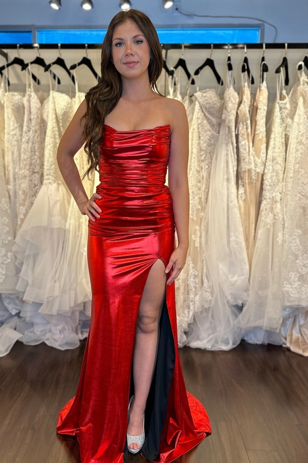 Dreamyannie Red Prom Dress Mermaid Metallic Long Formal Dress With Slit