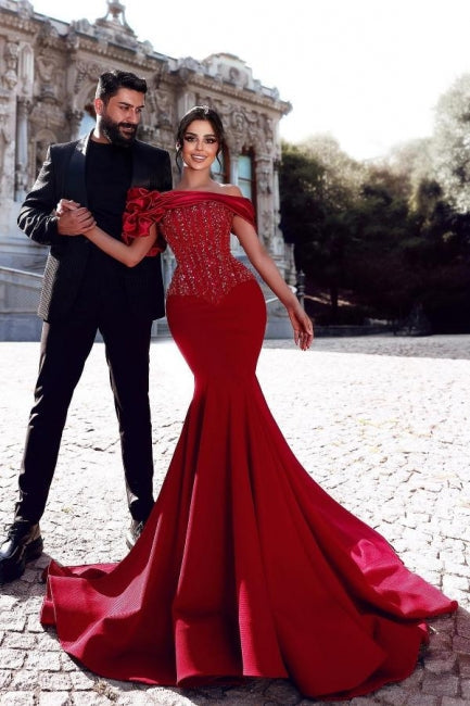 Dreamyannie Red Prom Dress Mermaid Off The Shoulder Sequined Beading Formal Dress With Lace