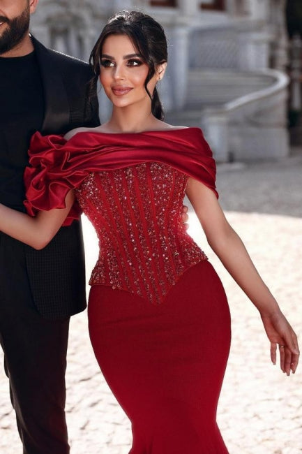 Dreamyannie Red Prom Dress Mermaid Off The Shoulder Sequined Beading Formal Dress With Lace