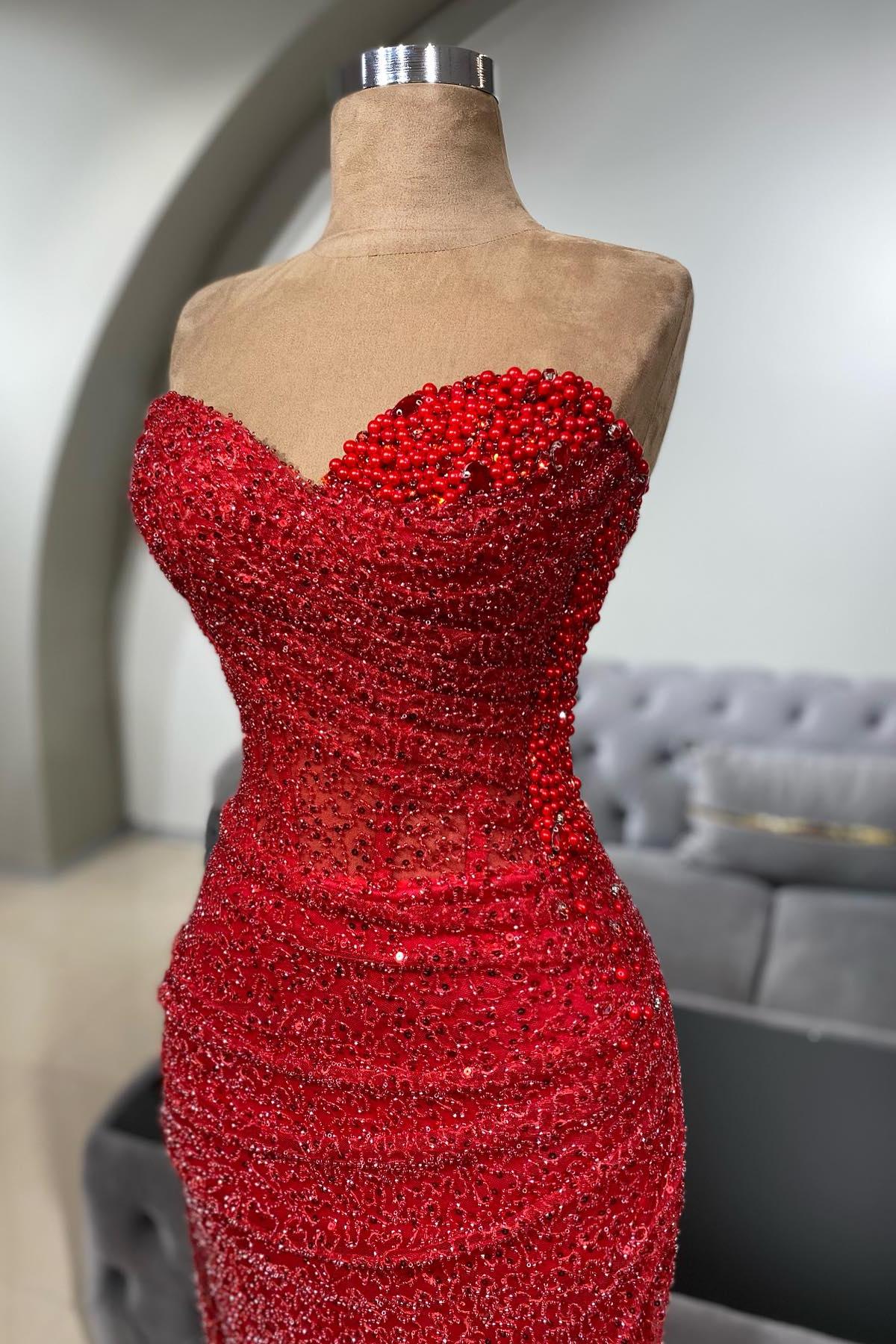 Dreamyannie Red Prom Dress Mermaid Sweetheart Sleeveless Sequined Beaded Formal Dress