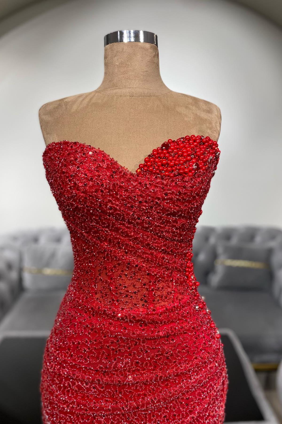 Dreamyannie Red Prom Dress Mermaid Sweetheart Sleeveless Sequined Beaded Formal Dress
