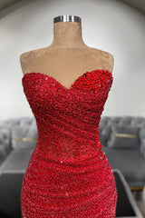 Dreamyannie Red Prom Dress Mermaid Sweetheart Sleeveless Sequined Beaded Formal Dress