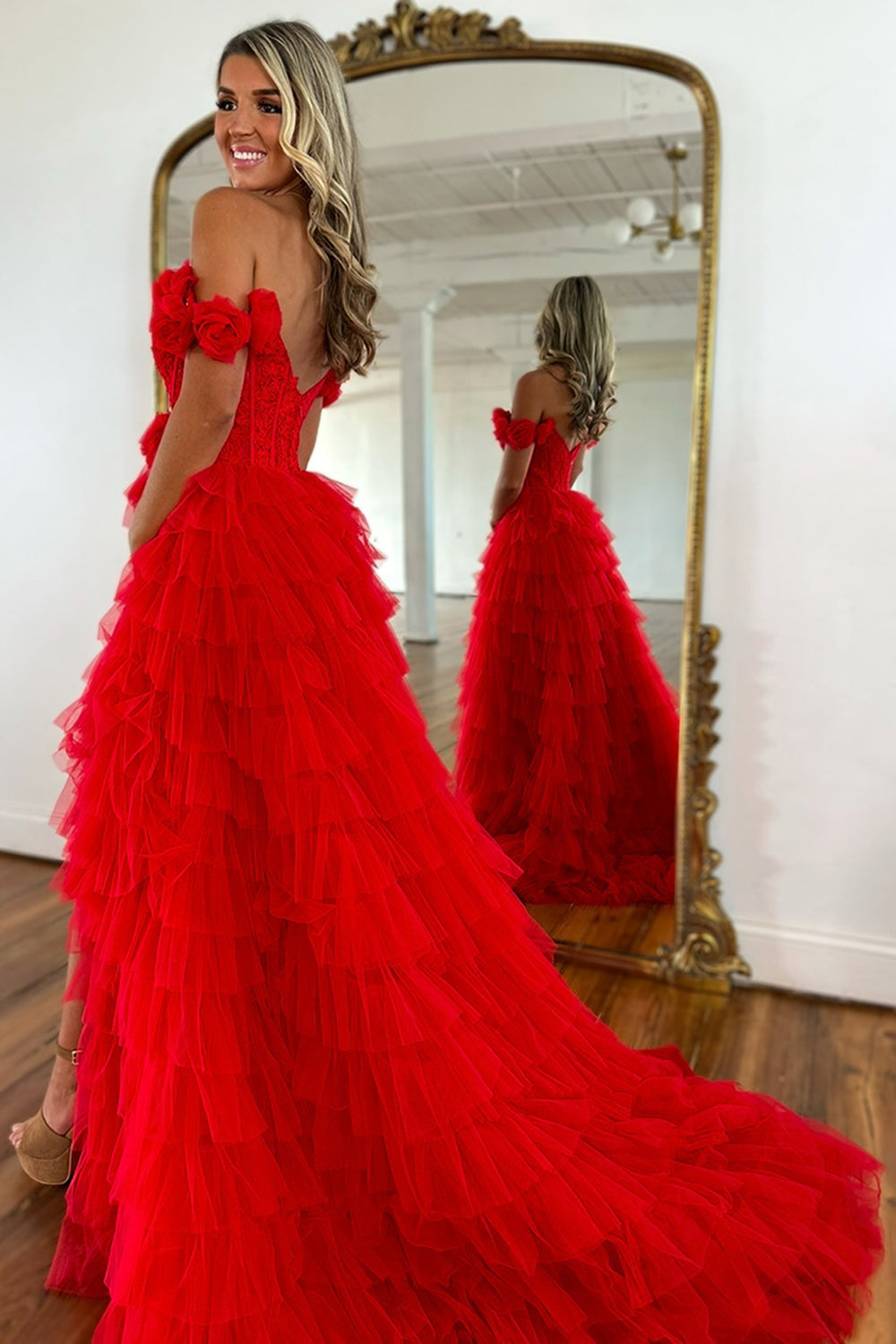 Dreamyannie Red Prom Dress Off The Shoulder Appliqued Ruffled Formal Dress With Slit