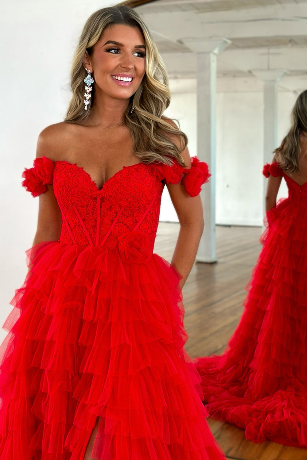 Dreamyannie Red Prom Dress Off The Shoulder Appliqued Ruffled Formal Dress With Slit