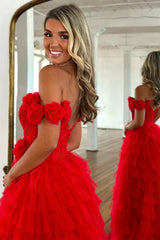 Dreamyannie Red Prom Dress Off The Shoulder Appliqued Ruffled Formal Dress With Slit