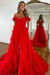 Dreamyannie Red Prom Dress Off The Shoulder Appliqued Ruffled Formal Dress With Slit