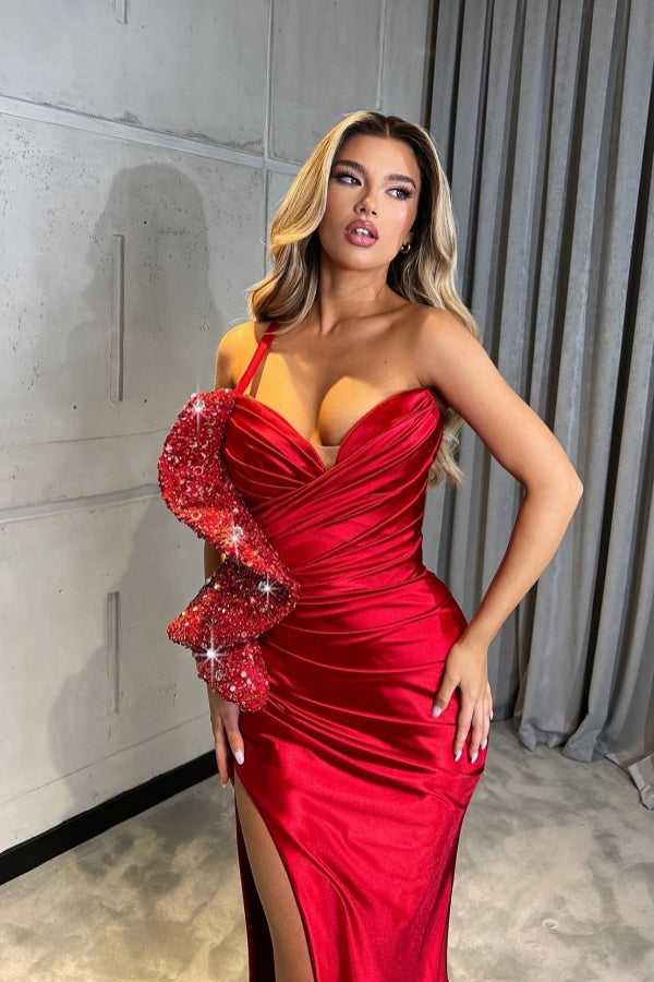 Dreamyannie Red Prom Dress One Shoulder Sequined Mermaid Formal Dress With Slit