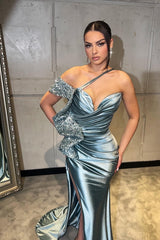 Dreamyannie Red Prom Dress One Shoulder Sequined Mermaid Formal Dress With Slit