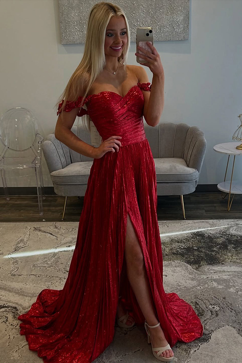 Dreamyannie Red Prom Dress Pleated A Line Formal Dress With Slit