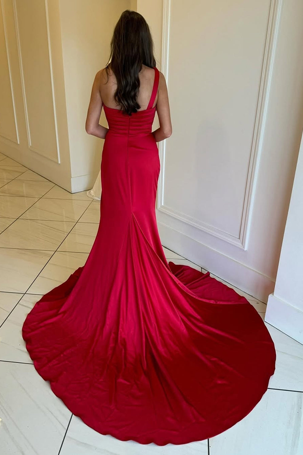 Dreamyannie Red Prom Dress Ruched Mermaid One Shoulder Long Formal Dress With Slit