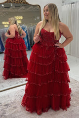 Dreamyannie Red Prom Dress Ruffled Corset A Line Long Formal Dress With Lace