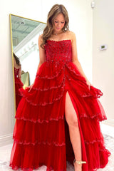 Dreamyannie Red Prom Dress Ruffled Corset A Line Long Formal Dress With Lace