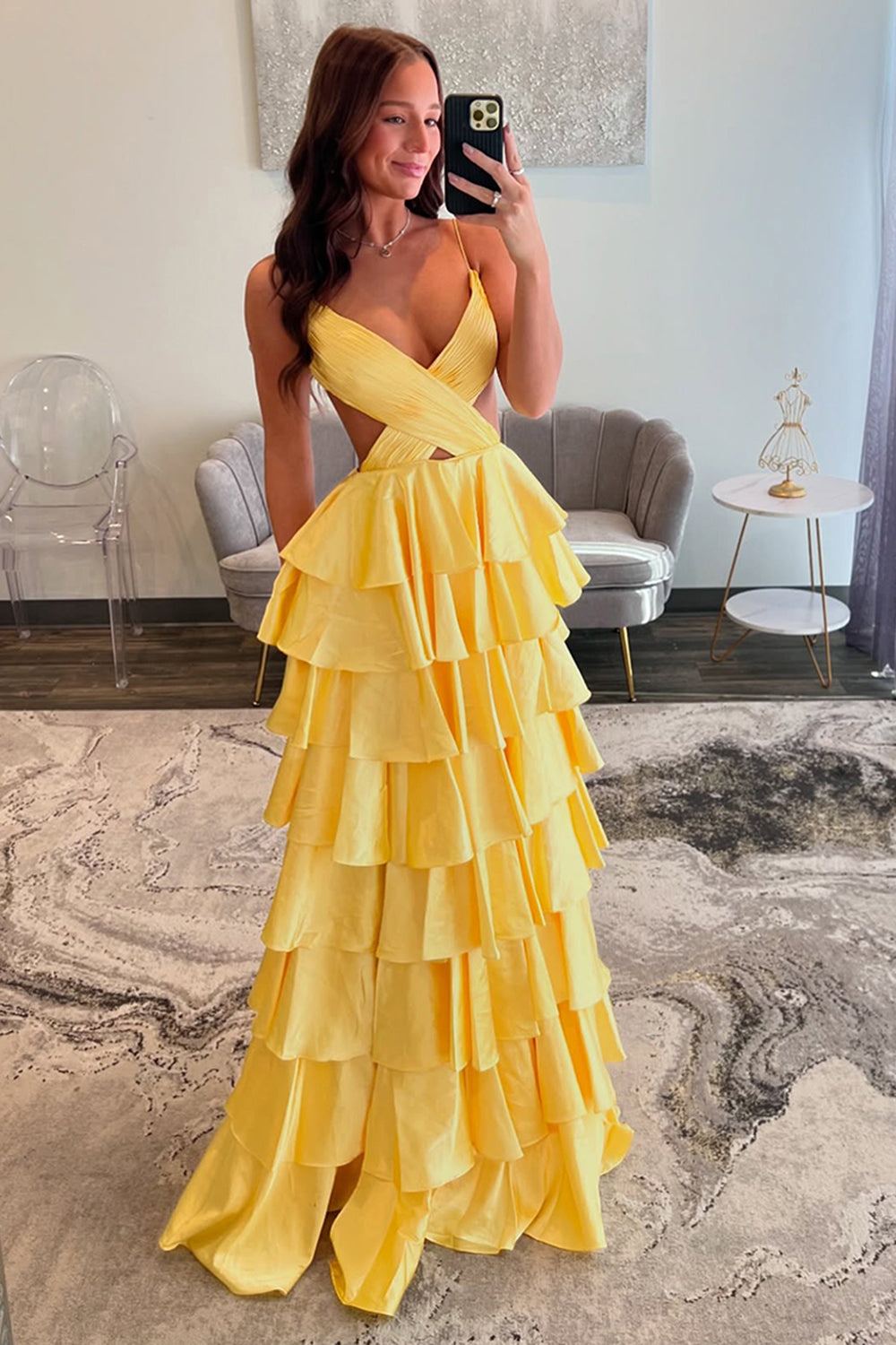 Dreamyannie Red Prom Dress Ruffled Ruched Satin A Line Long Formal Dress With Slit