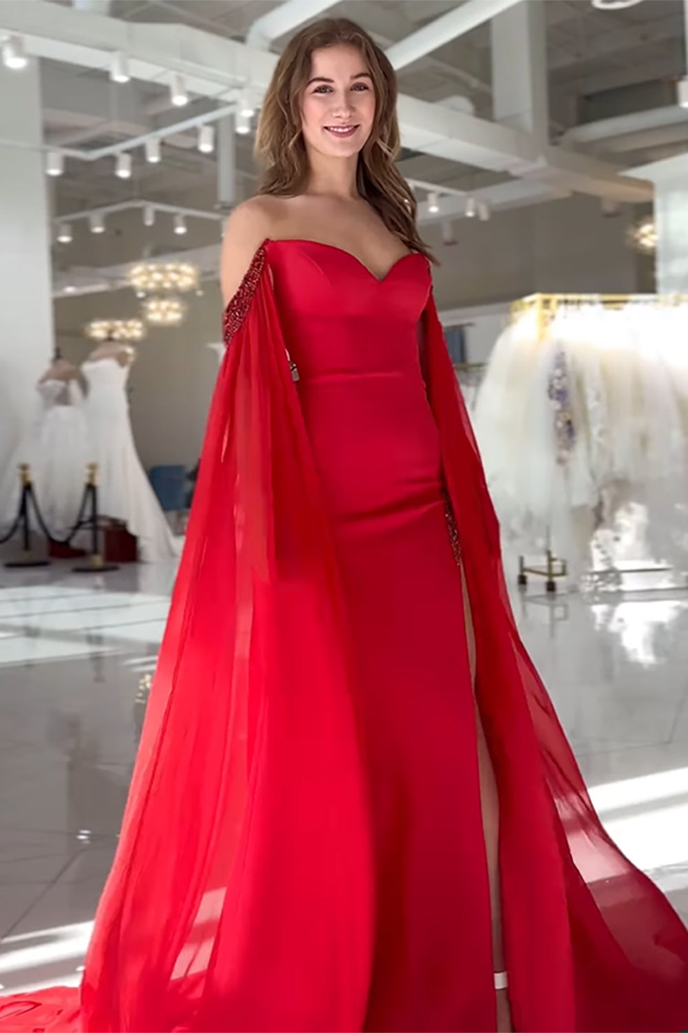 Dreamyannie Red Prom Dress Sheath Long Off The Shoulder Formal Dress With Cape Sleeves
