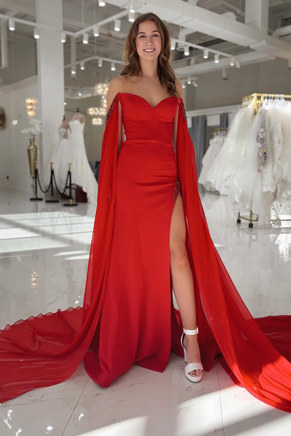 Dreamyannie Red Prom Dress Sheath Long Off The Shoulder Formal Dress With Cape Sleeves