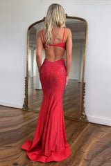 Dreamyannie Red Prom Dress Spaghetti Straps Mermaid Satin Formal Dress With Hollow Out