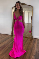 Dreamyannie Red Prom Dress Spaghetti Straps Mermaid Satin Formal Dress With Hollow Out