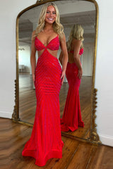 Dreamyannie Red Prom Dress Spaghetti Straps Mermaid Satin Formal Dress With Hollow Out