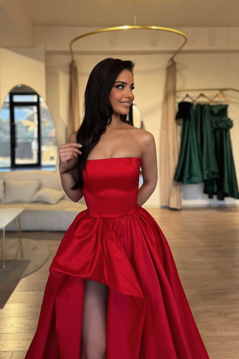 Dreamyannie Red Prom Dress Strapless A Line Sleeveless Slit Ball Gown Chapel Train Satin Formal Dress