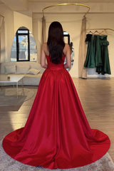 Dreamyannie Red Prom Dress Strapless A Line Sleeveless Slit Ball Gown Chapel Train Satin Formal Dress