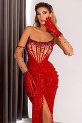 Dreamyannie Red Prom Dress Strapless Sequins Beading Split Sweep Train Front Formal Dress