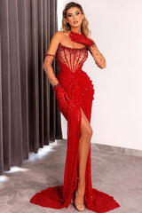 Dreamyannie Red Prom Dress Strapless Sequins Beading Split Sweep Train Front Formal Dress