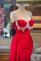 Dreamyannie Red Prom Dress Sweetheart Spaghetti Strap Sleeveless Panel Train Satin Formal Dress