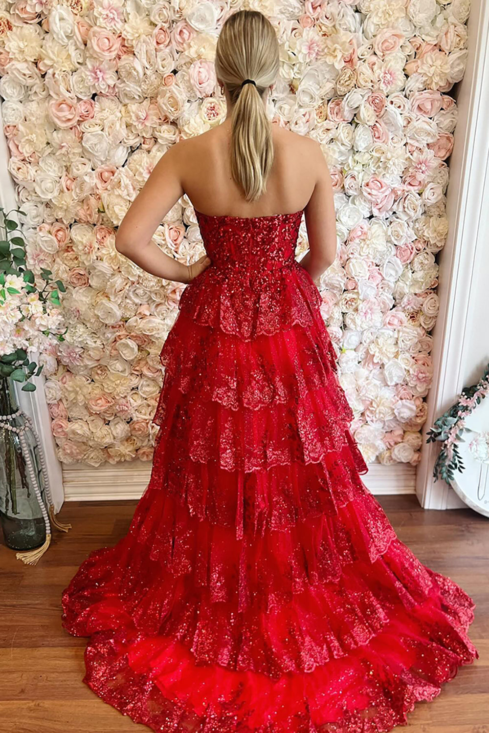 Dreamyannie Red Prom Dress Tiered Ruched Sequins Mermaid Long Formal Dress With Slit