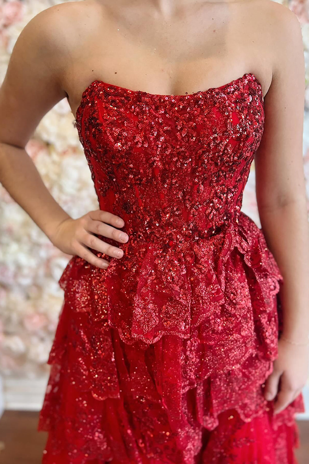 Dreamyannie Red Prom Dress Tiered Ruched Sequins Mermaid Long Formal Dress With Slit