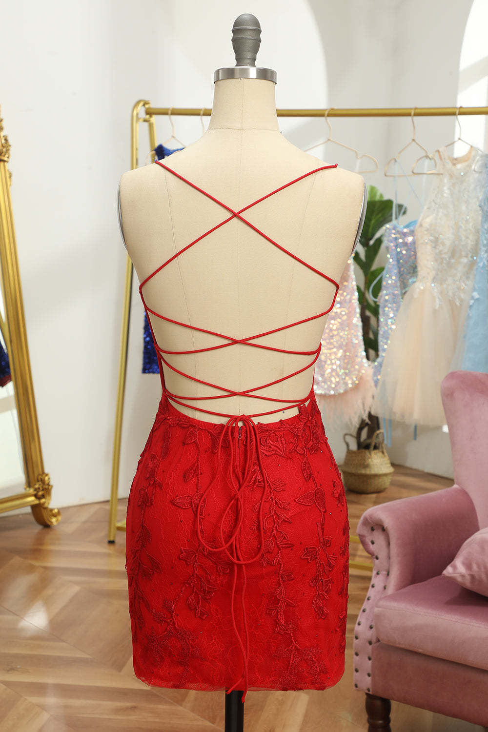 Dreamyannie Red Spaghetti Straps Homecoming Dresses Short Tight Cocktail Dresses With Appliques