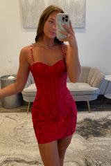 Dreamyannie Red Tight Homecoming Dresses Short Corset Cocktail Dresses With Beading