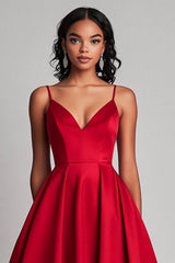 Dreamyannie Red Wedding Guest Dress Satin A-Line Tea Length Spaghetti Straps Formal Dress