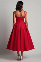 Dreamyannie Red Wedding Guest Dress Satin A-Line Tea Length Spaghetti Straps Formal Dress