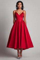 Dreamyannie Red Wedding Guest Dress Satin A-Line Tea Length Spaghetti Straps Formal Dress