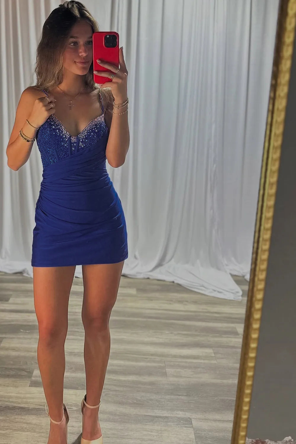 Dreamyannie Royal Blue Bodycon V Neck Short Corset Homecoming Dress with Beading