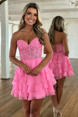 Dreamyannie Royal Blue Corset Homecoming Dresses Strapless A Line Short Cocktail Dresses With Ruffles